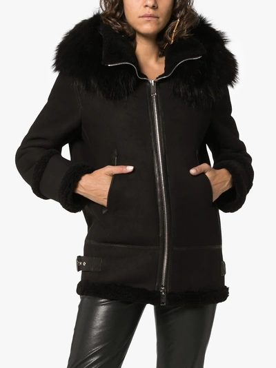 Shop Mr & Mrs Italy Shearling Trimmed Hooded Jacket In Black