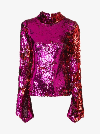 Shop Halpern Sequin Top With Flared Sleeves In Pink/purple