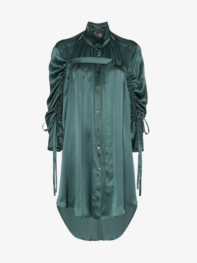 Shop Ann Demeulemeester Ruched Sleeve Long Line Silk Shirt In Green