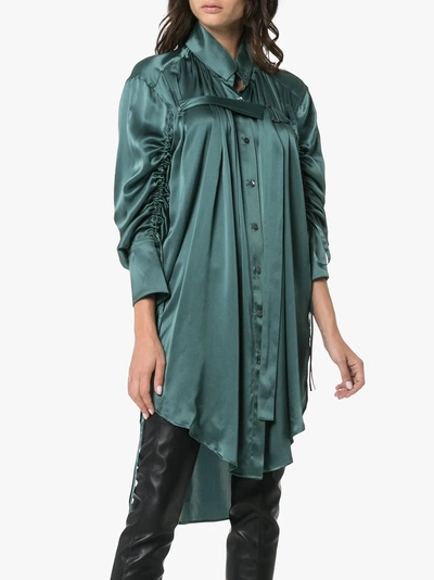 Shop Ann Demeulemeester Ruched Sleeve Long Line Silk Shirt In Green