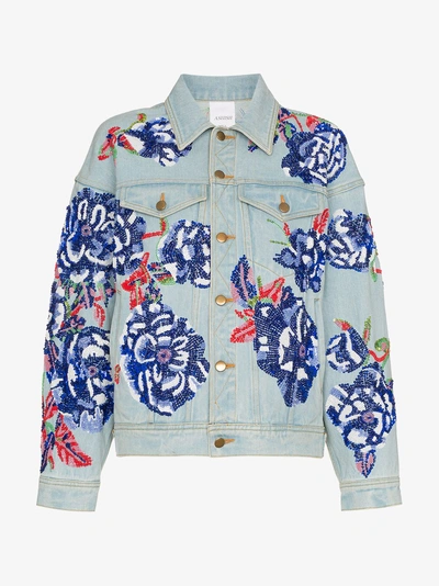 Shop Ashish Flower Embroidered Cotton Denim Jacket In Blue