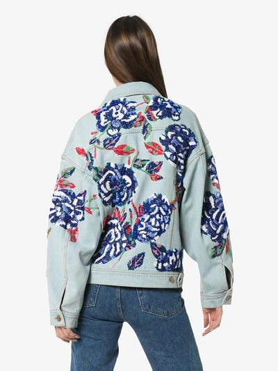 Shop Ashish Flower Embroidered Cotton Denim Jacket In Blue