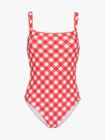 Shop Reformation 'eliza' Checked One Piece Swimsuit In Red