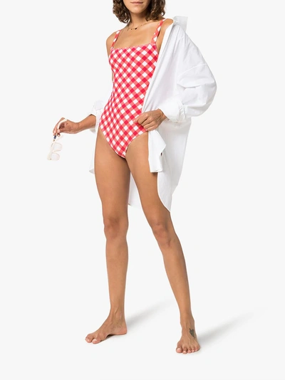 Shop Reformation 'eliza' Checked One Piece Swimsuit In Red