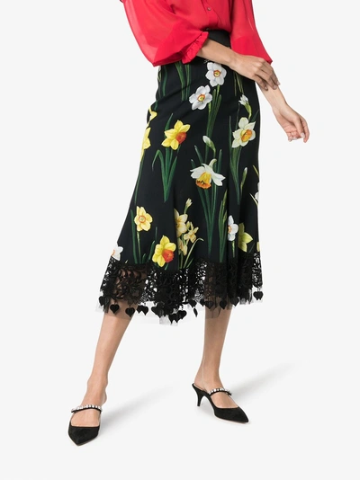 Shop Dolce & Gabbana Floral Print Mermaid Lace Skirt In Black