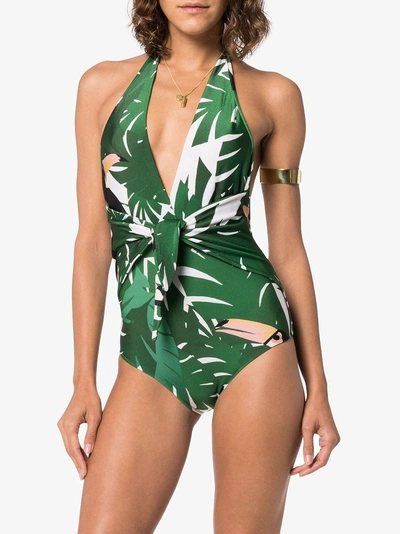 Shop Adriana Degreas Geometric Foliage Print Halterneck Bikini In Green