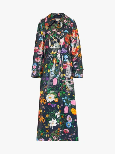 Shop Gucci Floral Vinyl Trench Coat In Blue