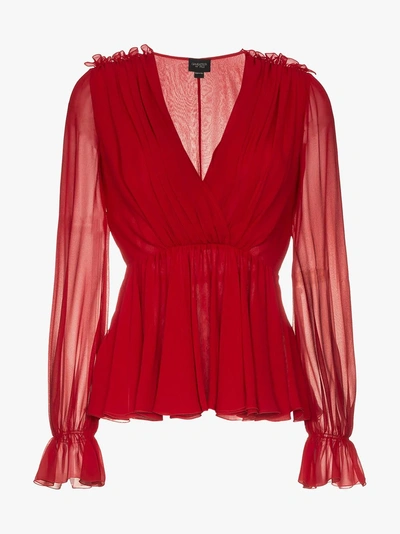 Shop Giambattista Valli V-neck Long Sleeve Silk Top In Red