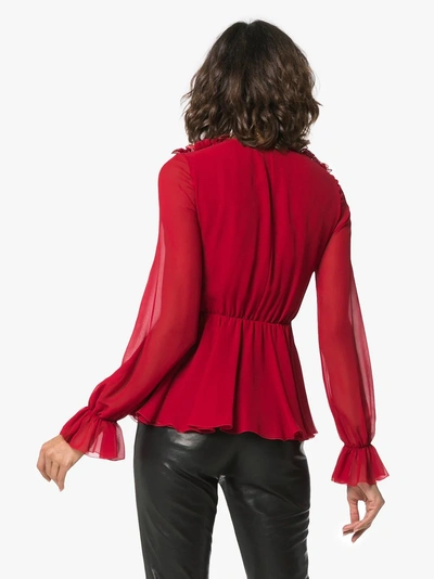 Shop Giambattista Valli V-neck Long Sleeve Silk Top In Red