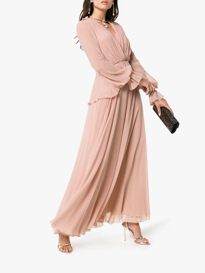 Shop Giambattista Valli V-neck Long Sleeve Silk Maxi Dress In Pink/purple