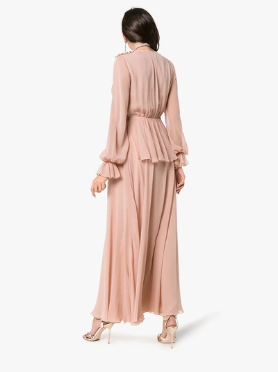 Shop Giambattista Valli V-neck Long Sleeve Silk Maxi Dress In Pink/purple