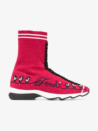 Shop Fendi Red Rockoko Embroidered Sock Sneakers