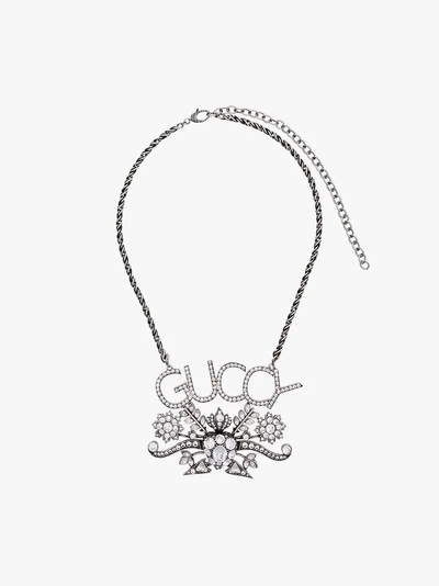 Shop Gucci Logo And Floral Pendant Crystal Necklace In Metallic