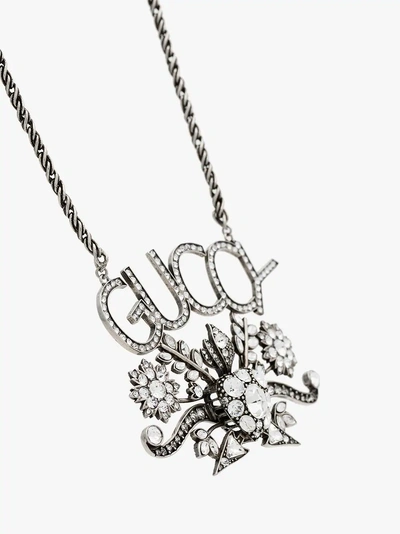 Shop Gucci Logo And Floral Pendant Crystal Necklace In Metallic