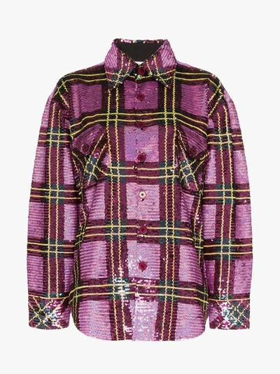 Shop Ashish Plaid Sequin Embellished Shirt In Pink/purple