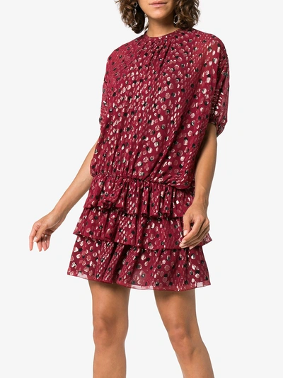 Shop Saint Laurent Ruffle And Polka Dot Silk-blend Dress In Red