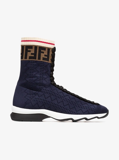 Shop Fendi Rockoko Fabric High Top Sneakers In Blue