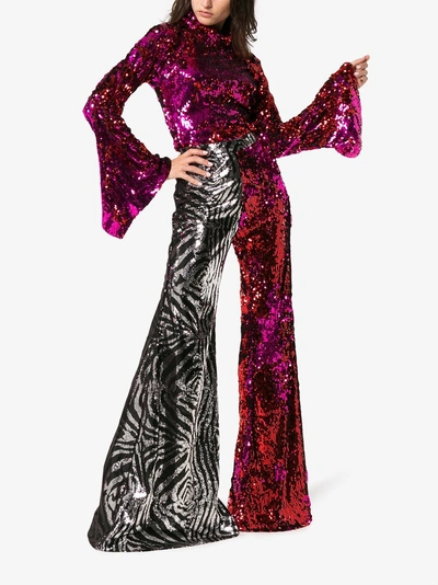 Shop Halpern Zebra Print And Sequin Embellished Flared Trousers In Red