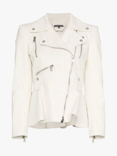 Shop Alexander Mcqueen Peplum Leather Biker Jacket In White