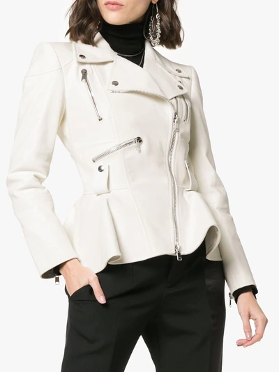 Shop Alexander Mcqueen Peplum Leather Biker Jacket In White