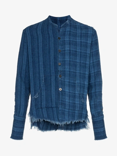 Shop Greg Lauren Checked And Pouch Detail Cotton Shirt In Blue