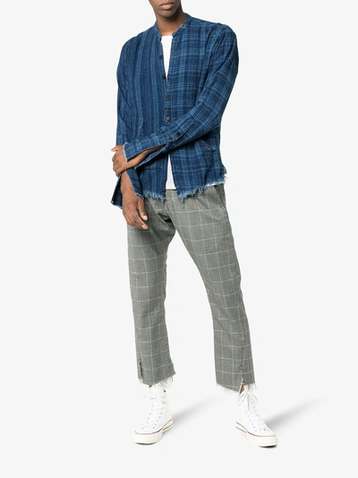 Shop Greg Lauren Checked And Pouch Detail Cotton Shirt In Blue