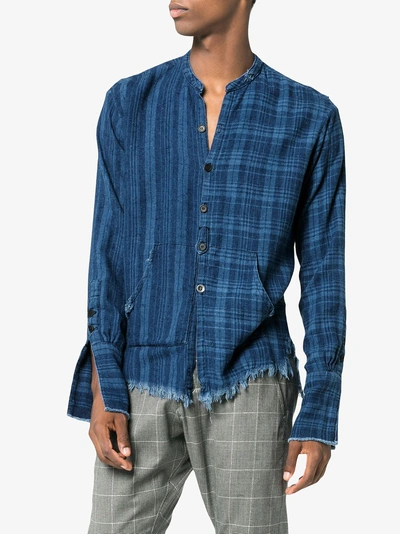 Shop Greg Lauren Checked And Pouch Detail Cotton Shirt In Blue