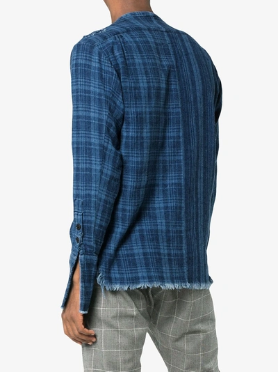 Shop Greg Lauren Checked And Pouch Detail Cotton Shirt In Blue