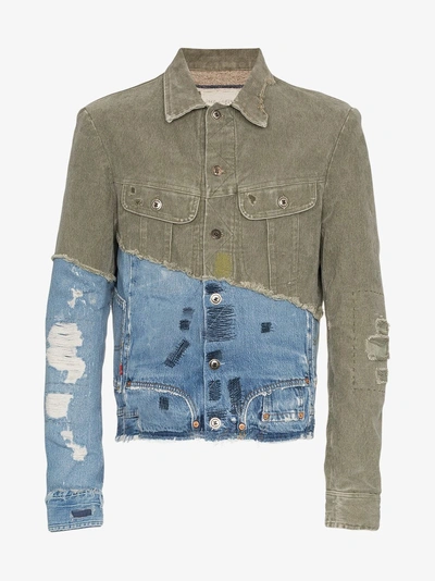 Shop Greg Lauren Denim Panel Distressed Cotton Jacket In Green