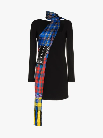 Shop Versace Checked Scarf-detail Dress In Black