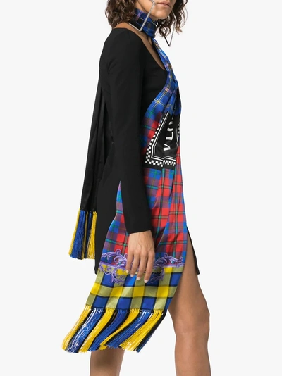 Shop Versace Checked Scarf-detail Dress In Black