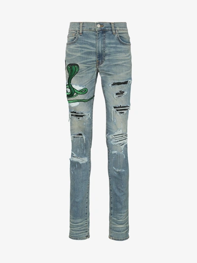 Shop Amiri Snake Patch Embroidered Skinny Jeans In Blue