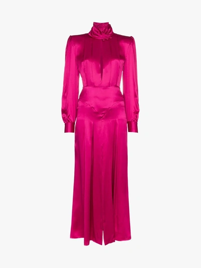 Shop Alessandra Rich Pleated Silk-satin Midi Dress In Pink/purple