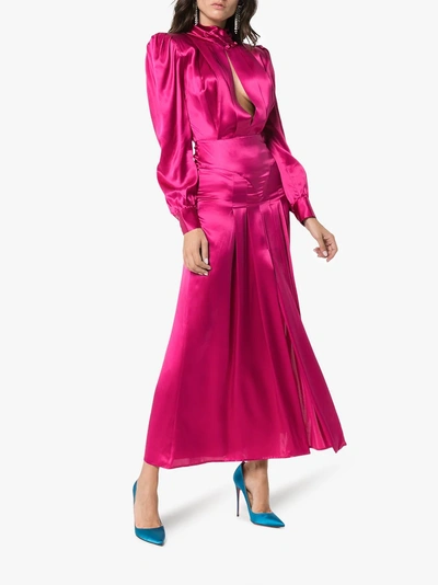 Shop Alessandra Rich Pleated Silk-satin Midi Dress In Pink/purple