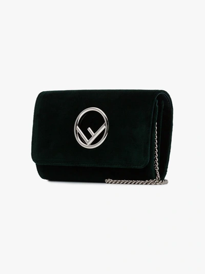 Shop Fendi Green Logo Velvet Wallet On Chain