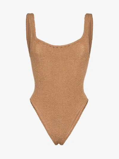 Shop Hunza G Isolde Square Neck High Leg Swimsuit In Brown
