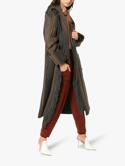 Shop Etro Fringed Stripe Double-breasted Coat In Grey