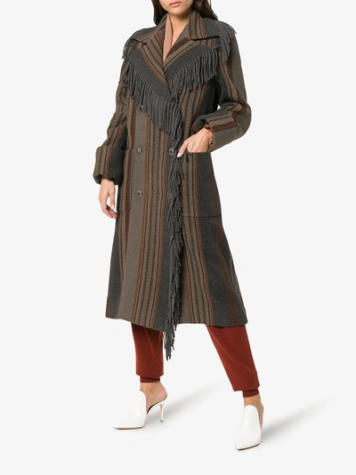 Shop Etro Fringed Stripe Double-breasted Coat In Grey