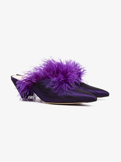 Shop Attico Purple Cara 45 Feather Embellished Moiré Mules In Pink/purple