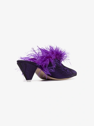 Shop Attico Purple Cara 45 Feather Embellished Moiré Mules In Pink/purple
