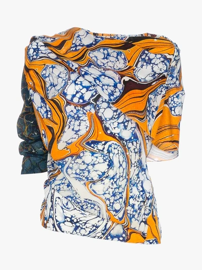 Shop Rosie Assoulin Draped Off-shoulder Print Silk Blend Top In Yellow/orange