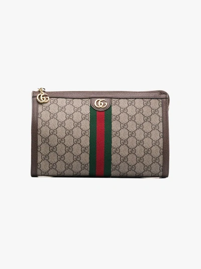 Shop Gucci Beige And Brown Gg Logo Leather Make Up Bag