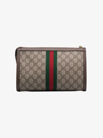 Shop Gucci Beige And Brown Gg Logo Leather Make Up Bag