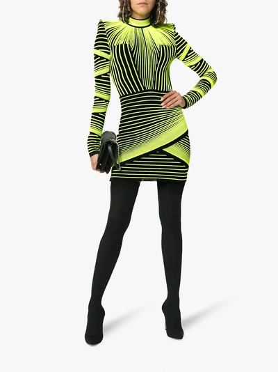 Shop Balmain Neon-stripe Mini Dress In Black