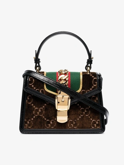 Shop Gucci Brown Sylvie Gg Velvet Mini Bag