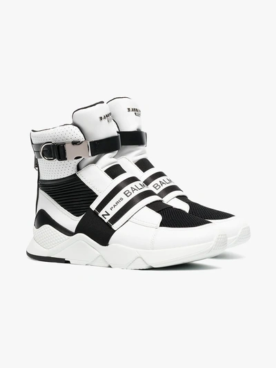 Shop Balmain Black And White Logo Print Mesh Leather High-top Sneakers