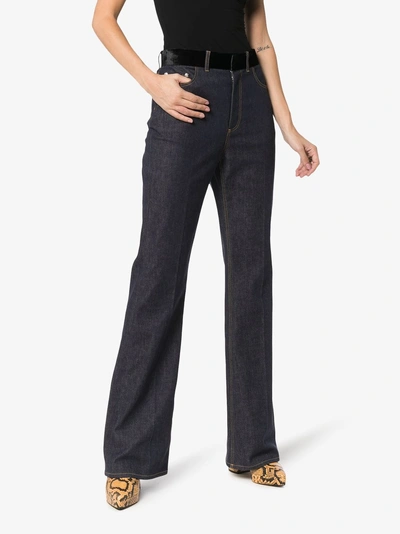 Shop Adeam Bootleg Silk-blend Belted Jeans In Blue