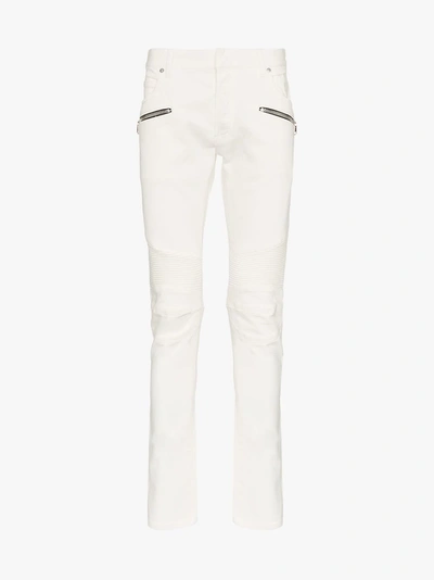 Shop Balmain Skinny Logo Patch Biker Jeans In White