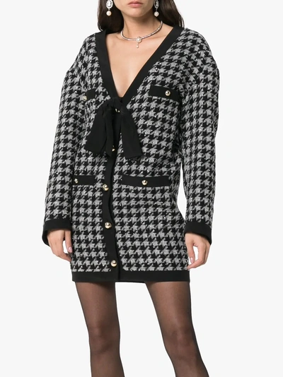 Shop Alessandra Rich Bow Embellished Houndstooth Cardigan In Grey