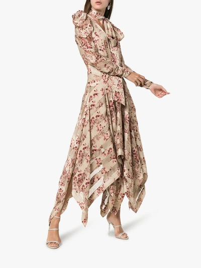 Shop Zimmermann Floral Printed And Neck Tie Silk-blend Dress In Nude/neutrals